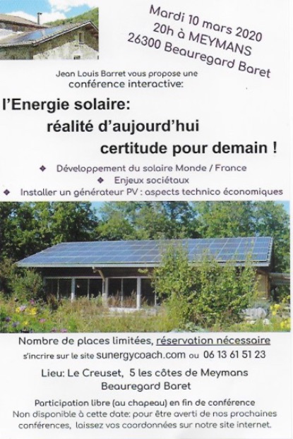 A Meymans le 10 mars 2020 à 20h00: conférence interactive  sur l'énergie solaire 